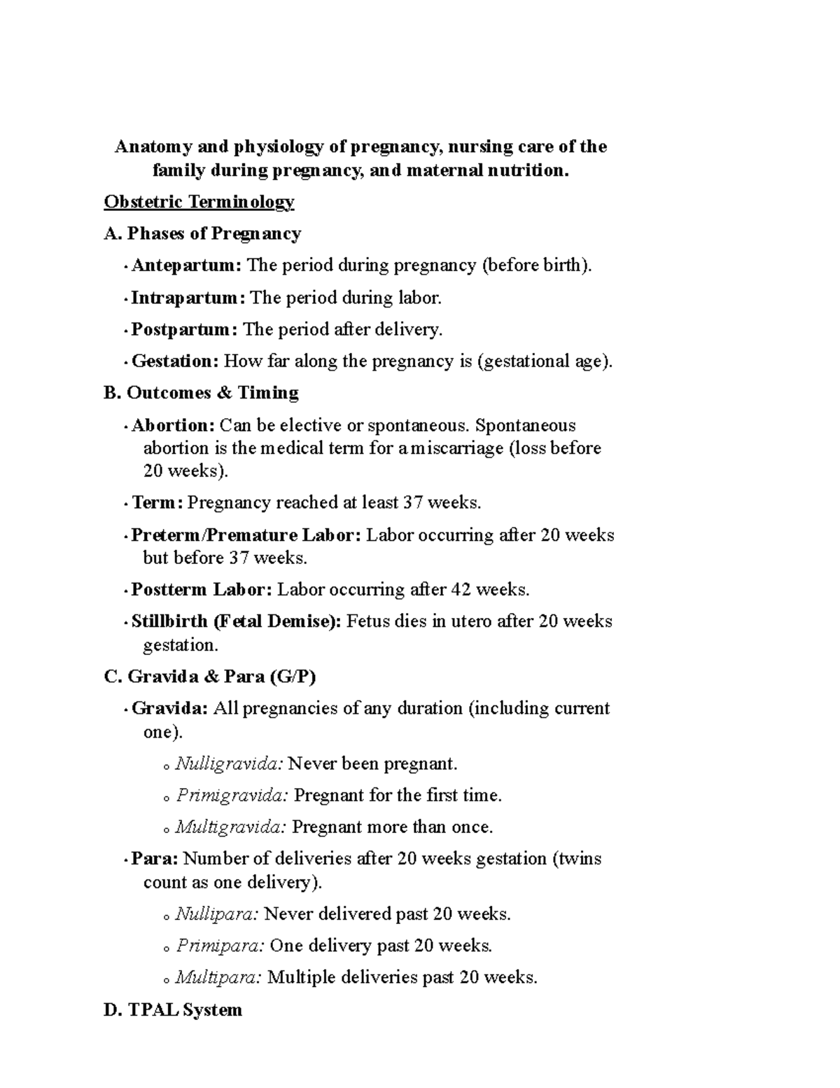OB Class Notes 3: Anatomy, Physiology, and Nutrition in Pregnancy - Studocu