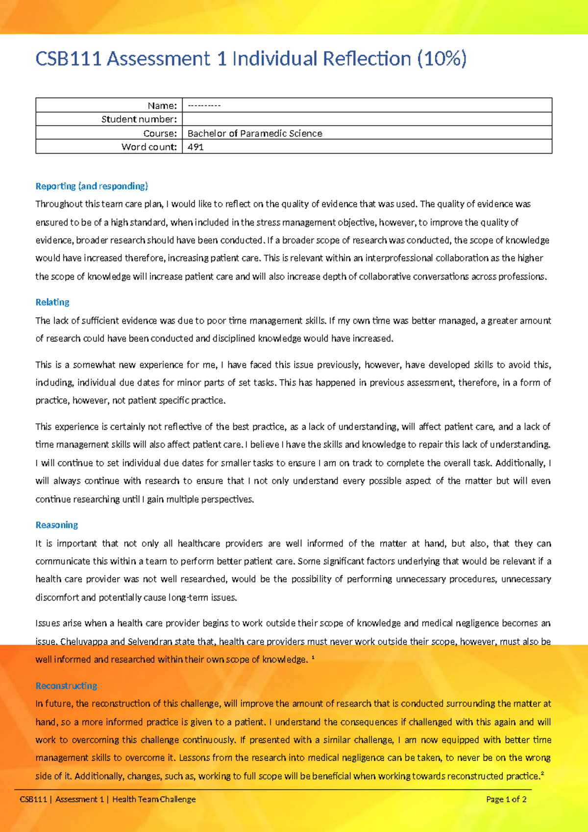 Individual Reflection on Evidence Quality in CSB111 Assessment 1 - Studocu