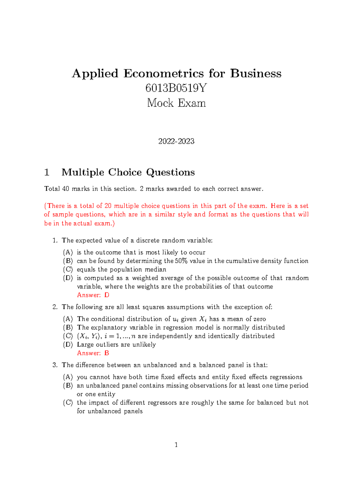 6013B0519Y Applied Econometrics Mock Exam Solutions 2023-05-09 ...