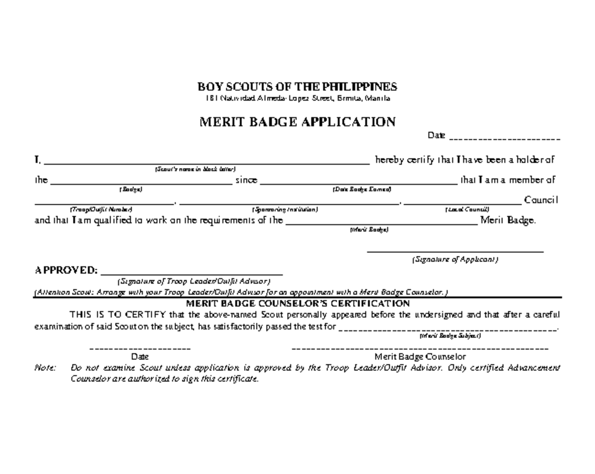 APP Merit Badge Application Form for Boy Scouts of the Philippines ...