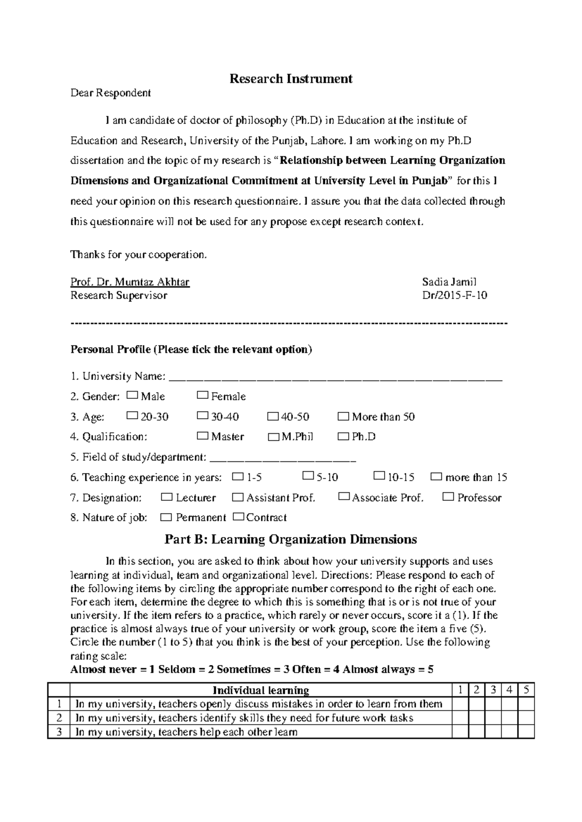 Ph.D Research Instrument - Research Instrument Dear Respondent I am ...