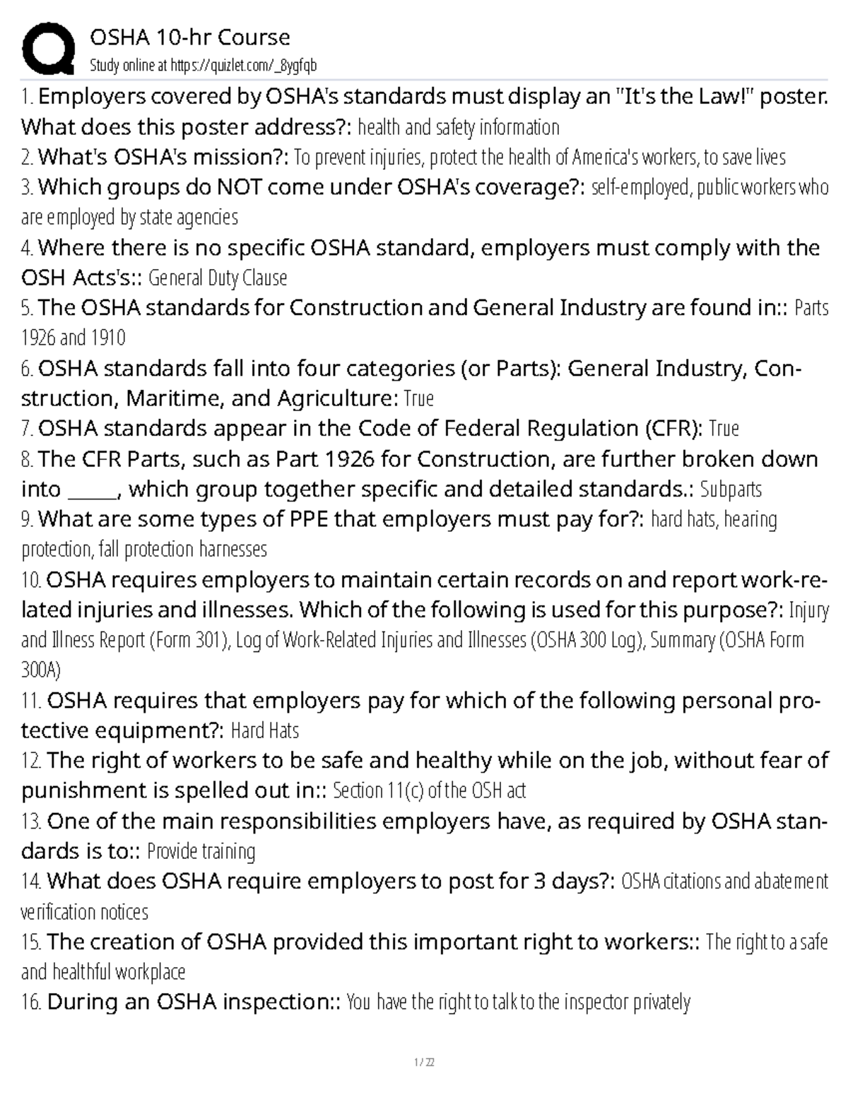 OSHA 10-hr Course Study Guide: Key Safety Standards and Practices - Studocu