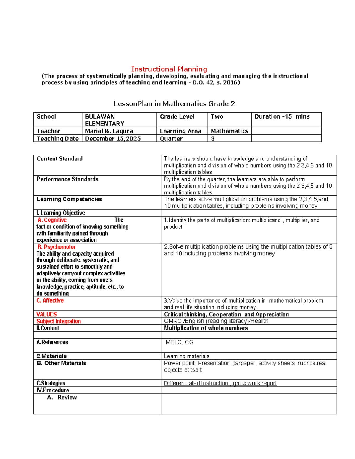 Final Lesson Plan for Math Multiplication (Grade 2) - Studocu