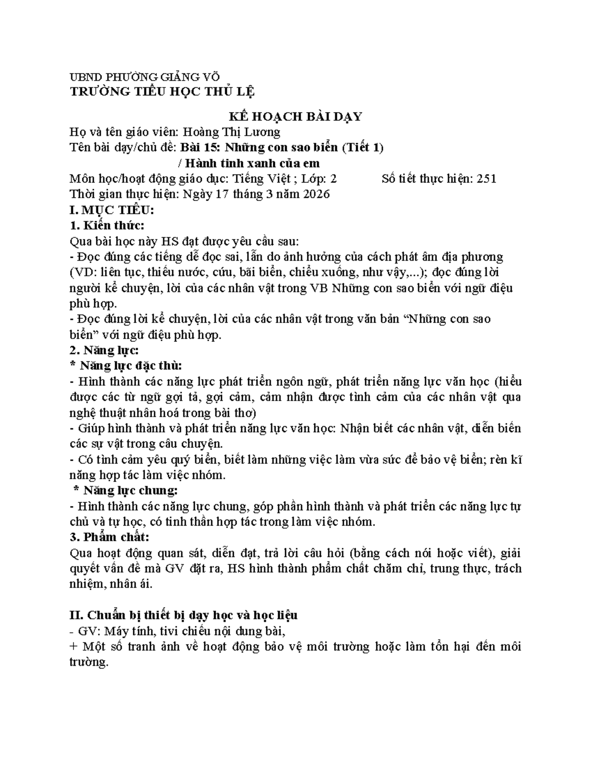 Tiết 251: Bài 15 - Những Con Sao Biển (Tiết 1) - Kế Hoạch Dạy Học - Studocu