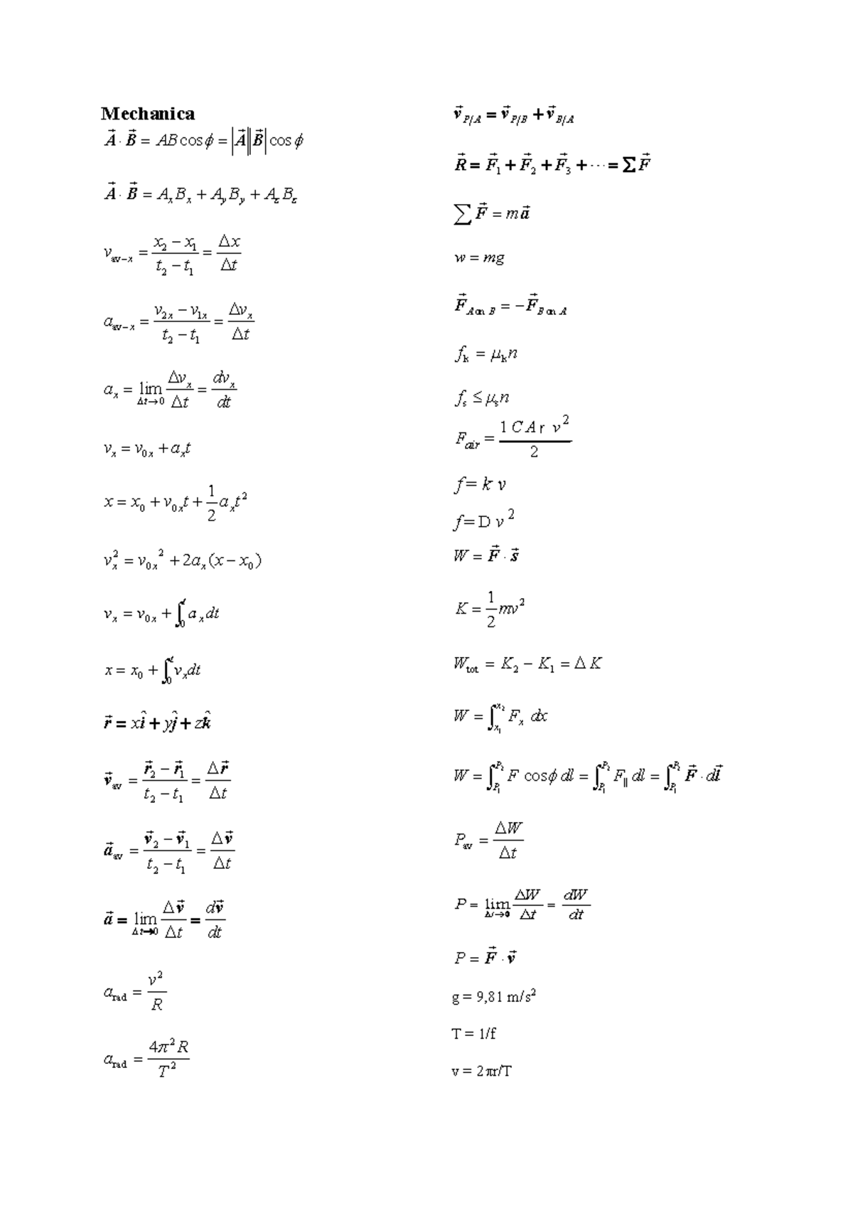 Mechanica Formularium 2025: Key Equations and Concepts - Studocu