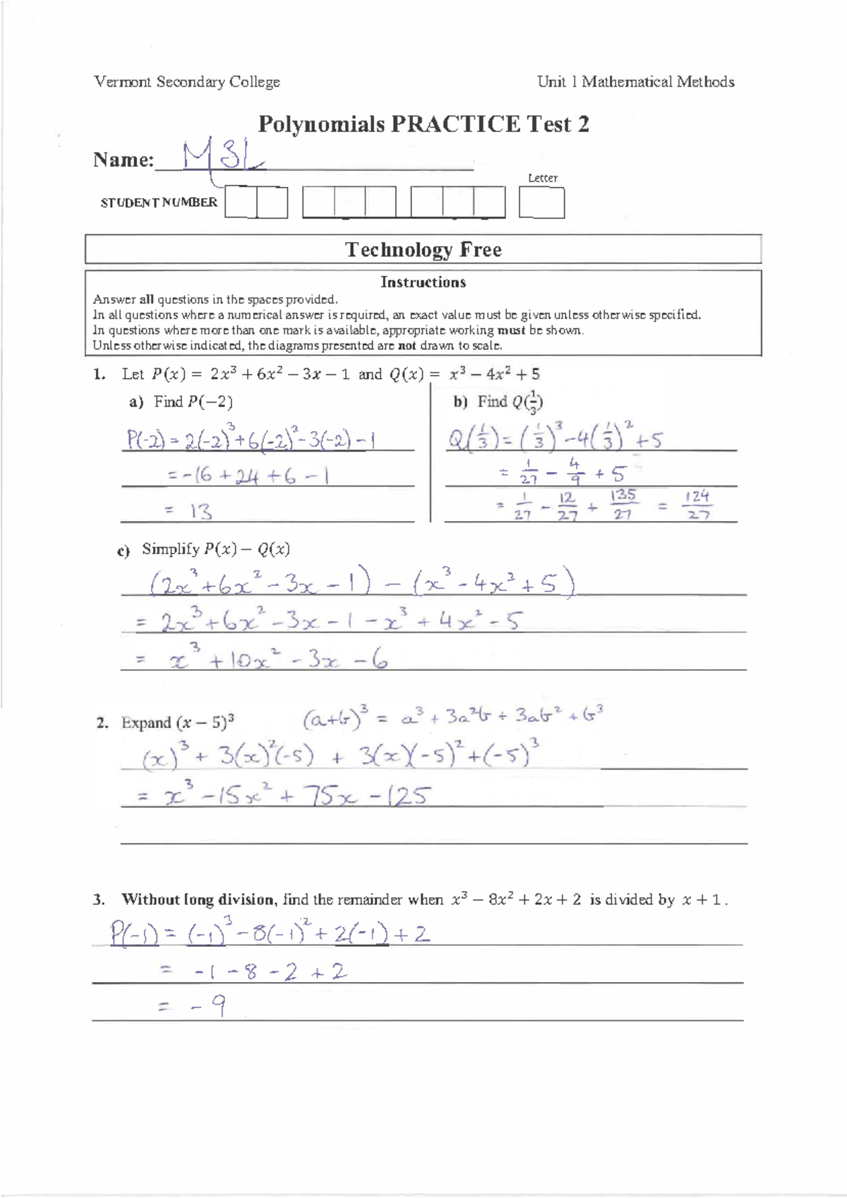Polynomials Practice Test 2 Solutions - Vermont Secondary College - Studocu