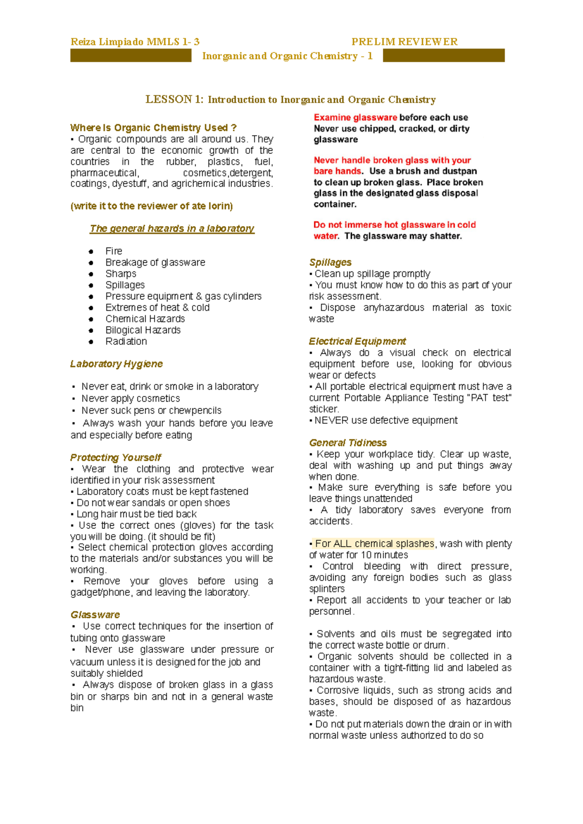 Inorganic & Organic Chemistry - 1 Prelim Reviewer Notes - Studocu