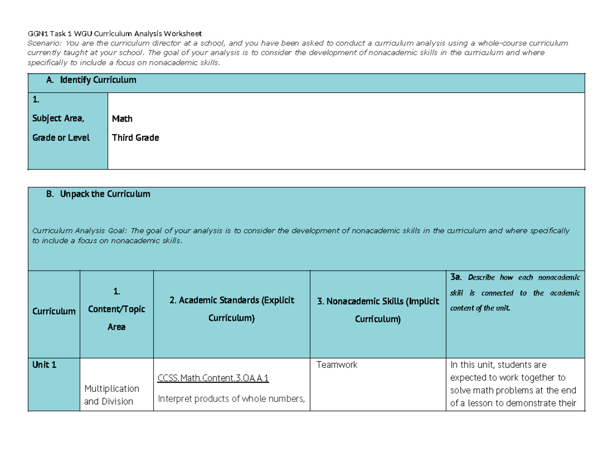 GGN1 Task 1 WGU Curriculum Analysis: Nonacademic Skills in 3rd Grade ...