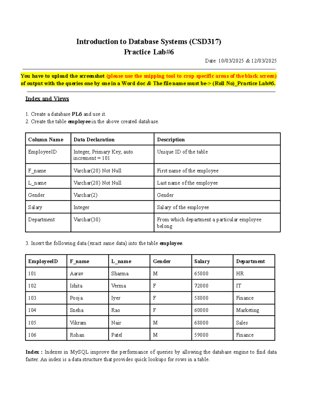 CSD317 PL6 Lab Material: MySQL Database Practices and Indexing - Studocu