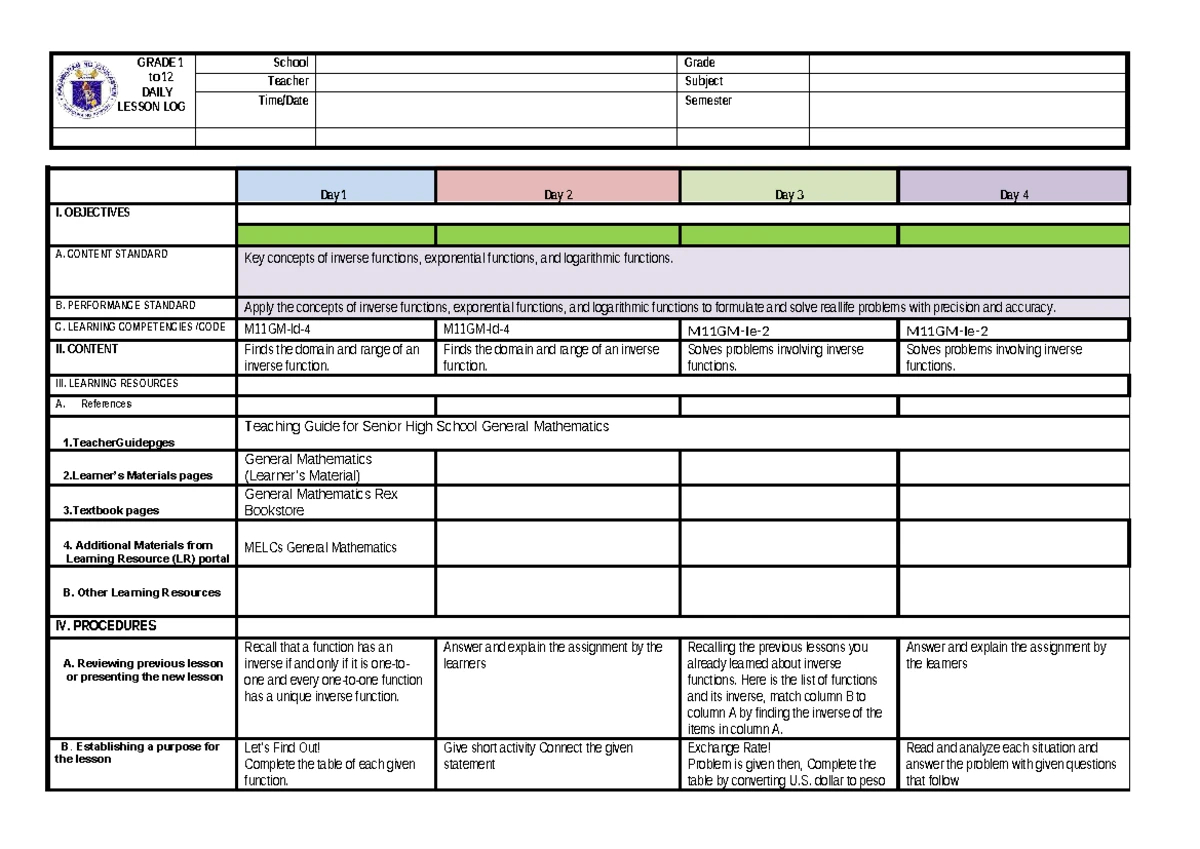 DLL MATH9 W1 - Detailed Lesson Plan on Quadratic Equations - Studocu