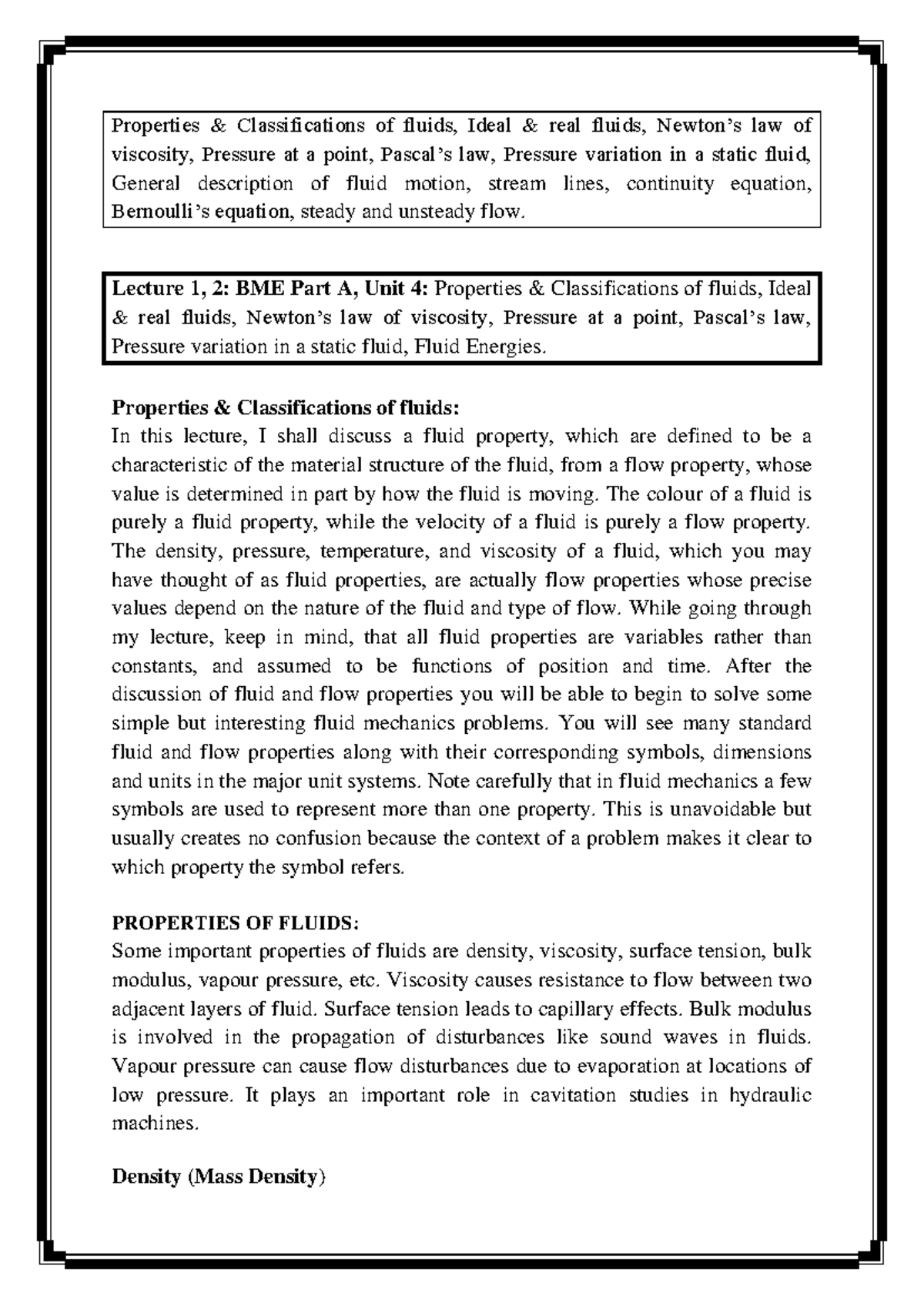 Lecture Notes: Properties & Classifications of Fluids (BME B312) - Studocu