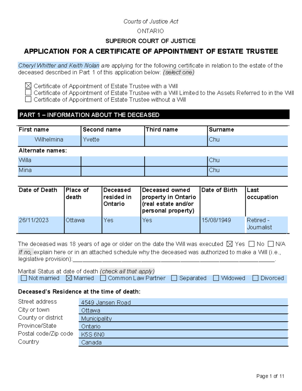 Application for Certificate of Appointment of Estate Trustee - Form 74 ...