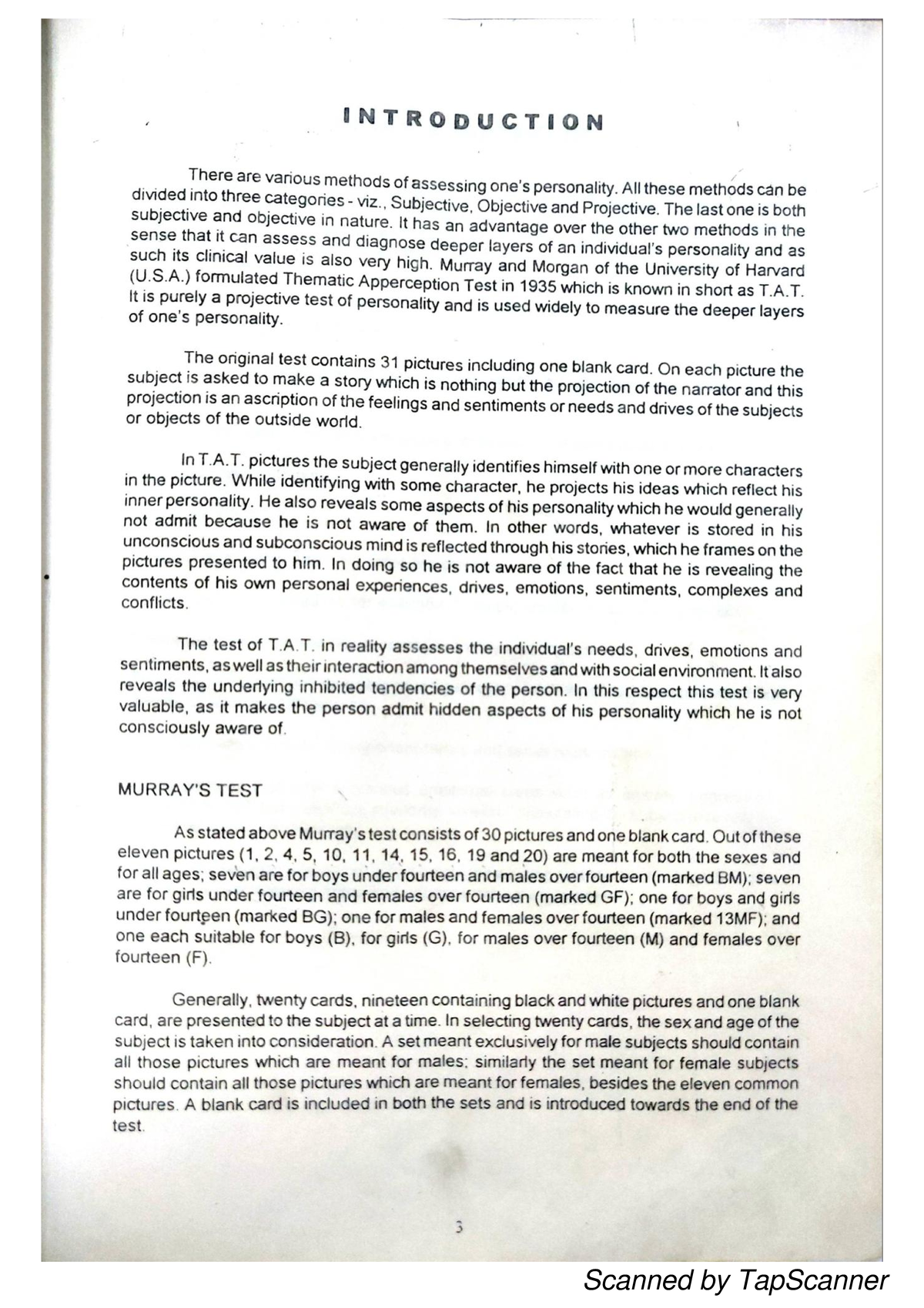 TAT manual - Thematic apperception test - Masters in psychology - Studocu
