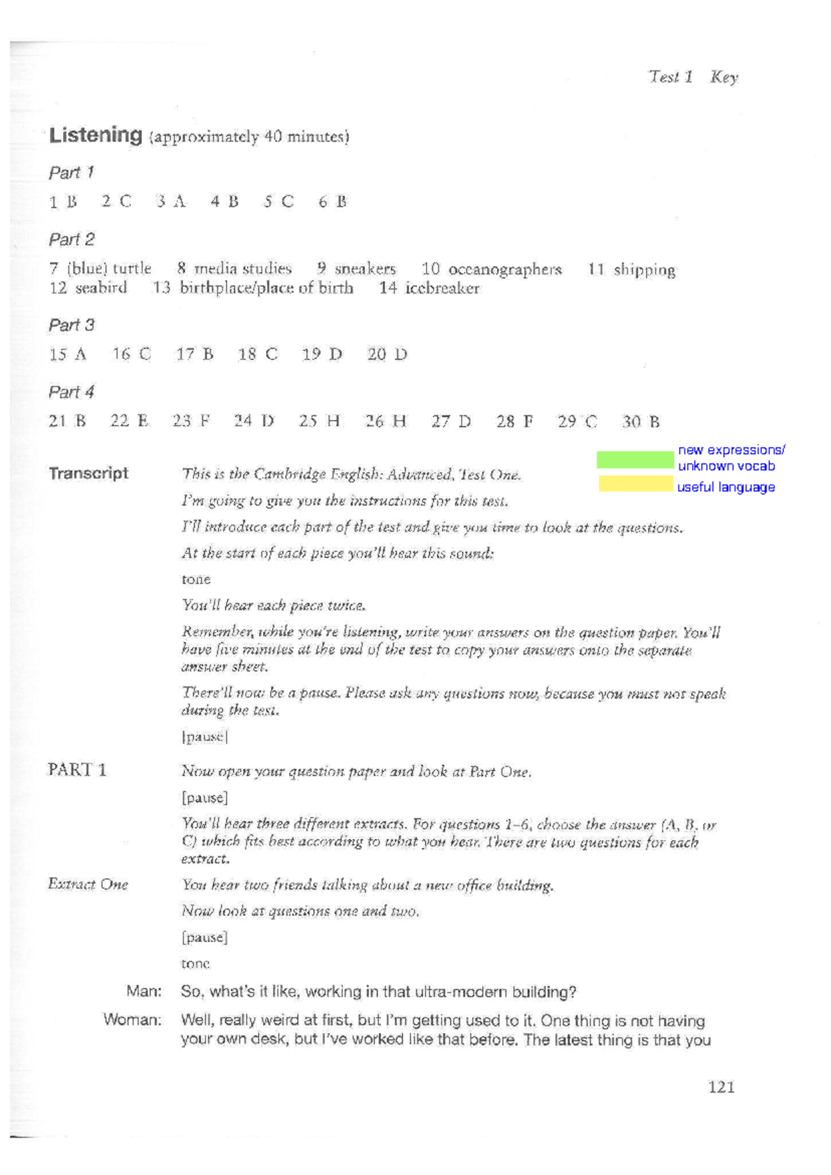 Cambridge English: Advanced (Adv 1) Test 1 Listening Key & Transcript ...