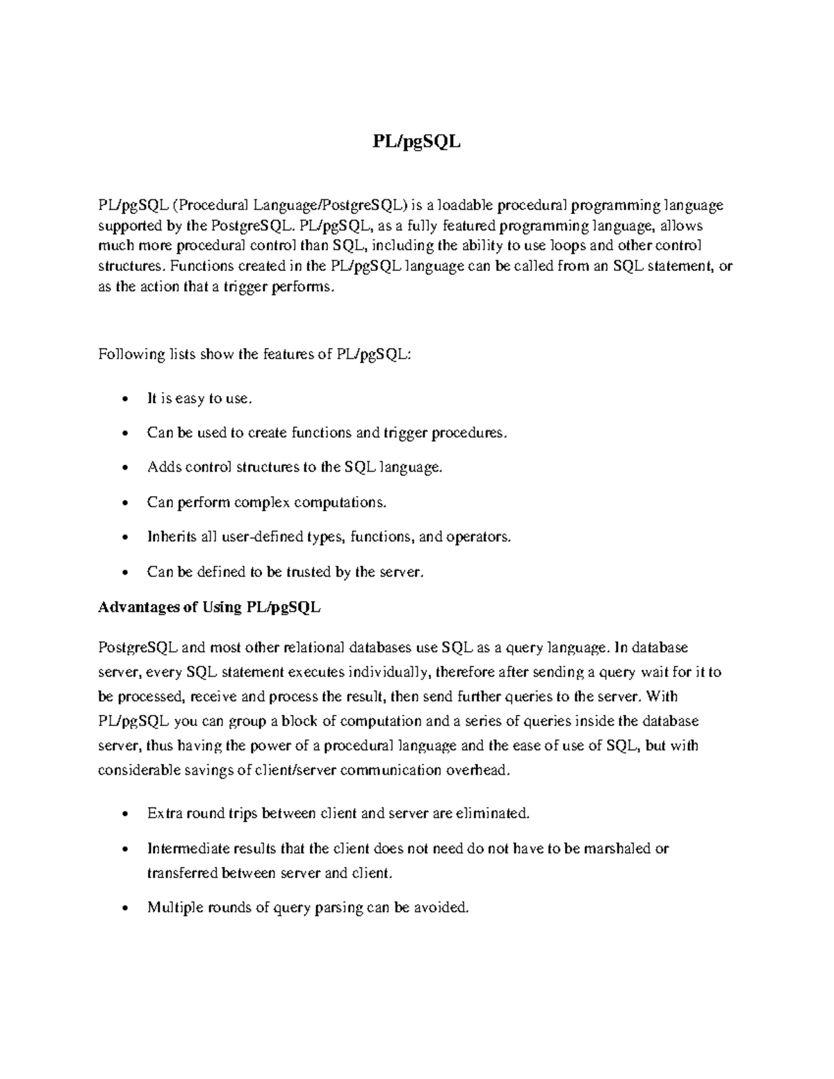 PL/pgSQL Overview and Notes for Database Students (CS101) - Studocu