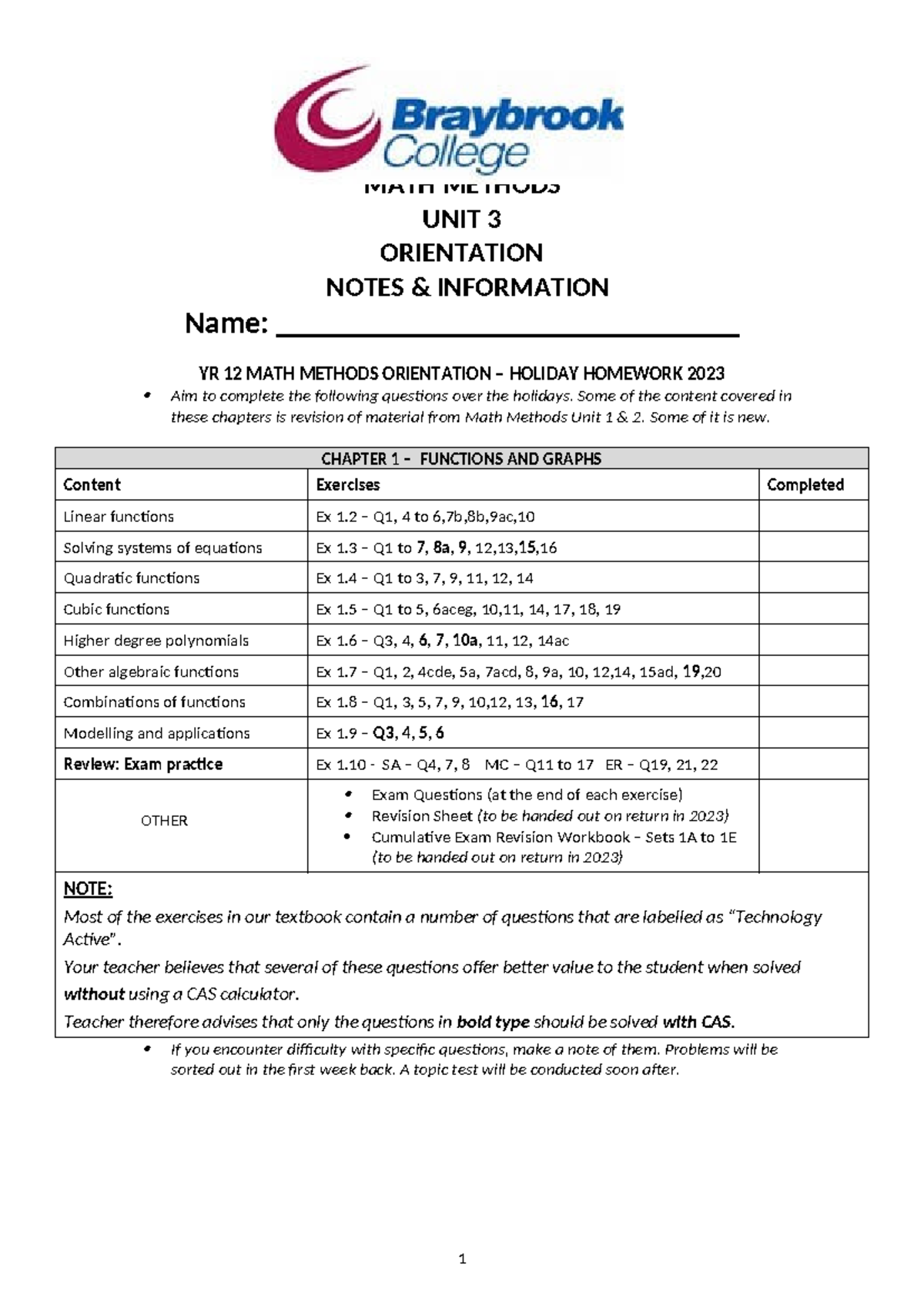 2023 OWeek Notes - summary - 2023 MATH METHODS UNIT 3 ORIENTATION NOTES ...