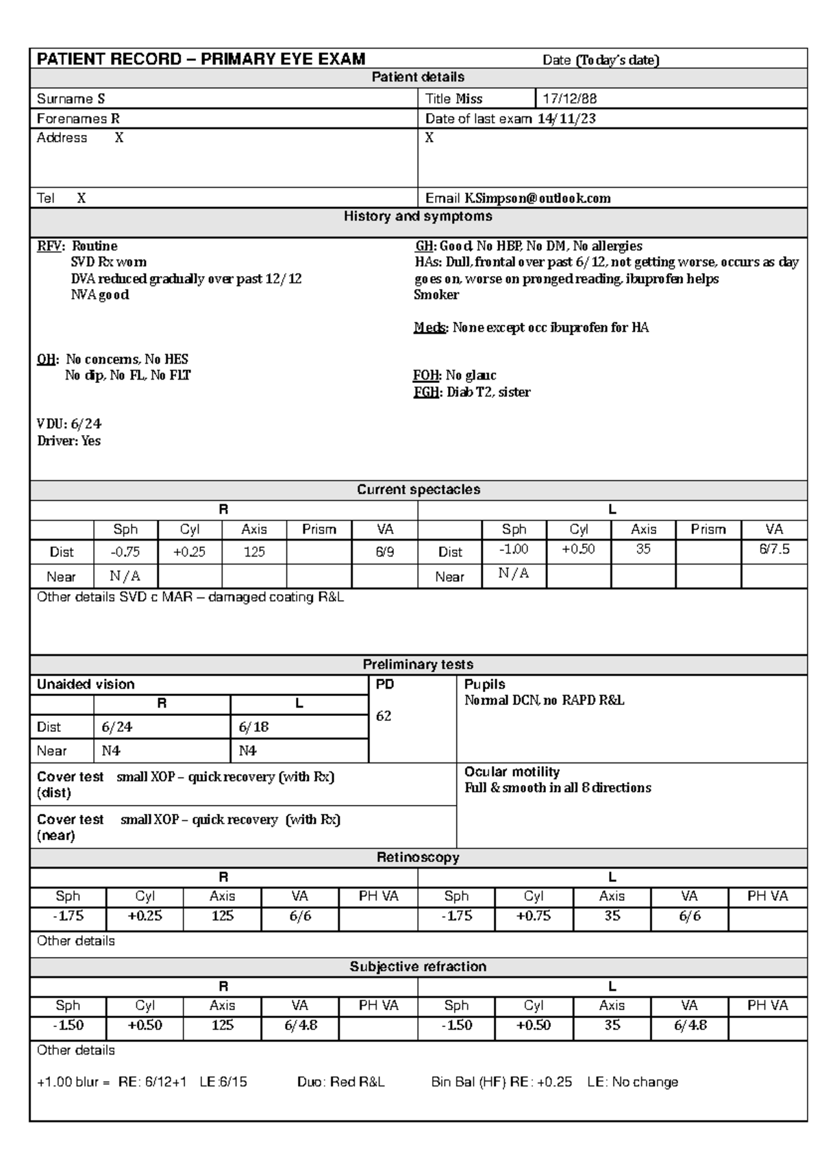 Primary Eye Exam Record Card - Patient Details & Findings - Studocu