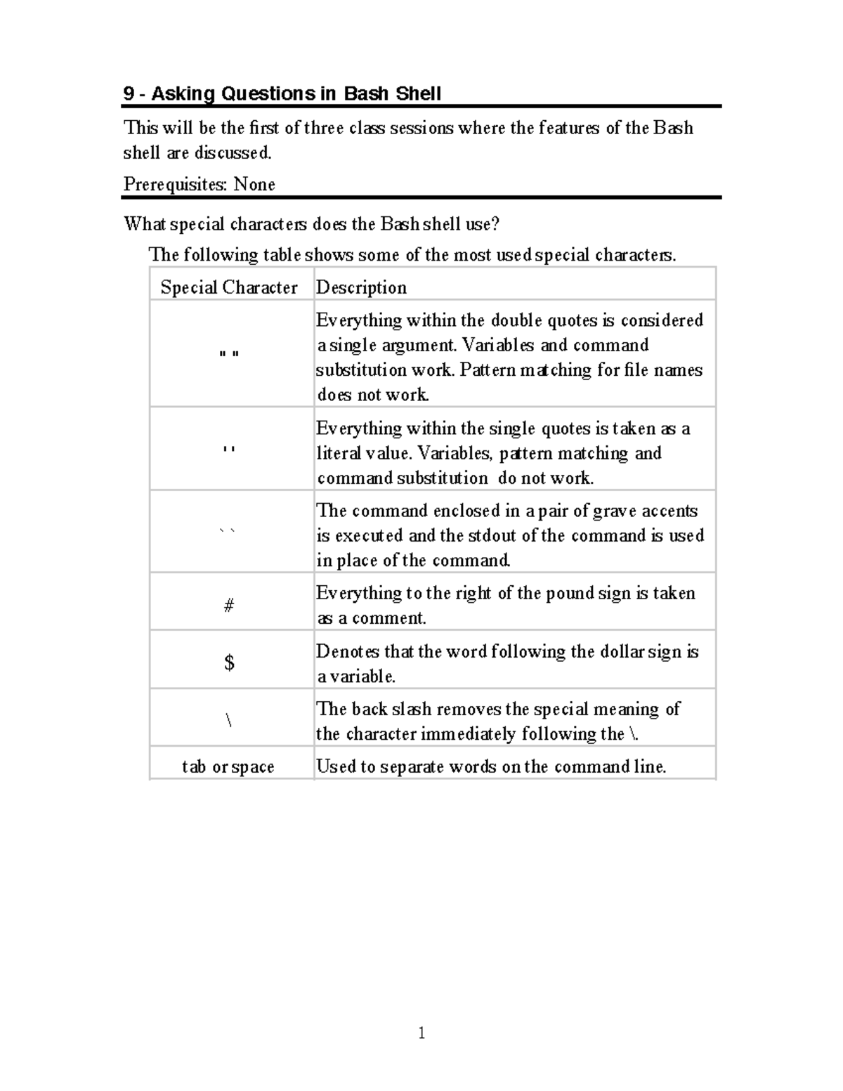Session 09 - Bash Shell Special Characters & Variables Lecture Notes ...