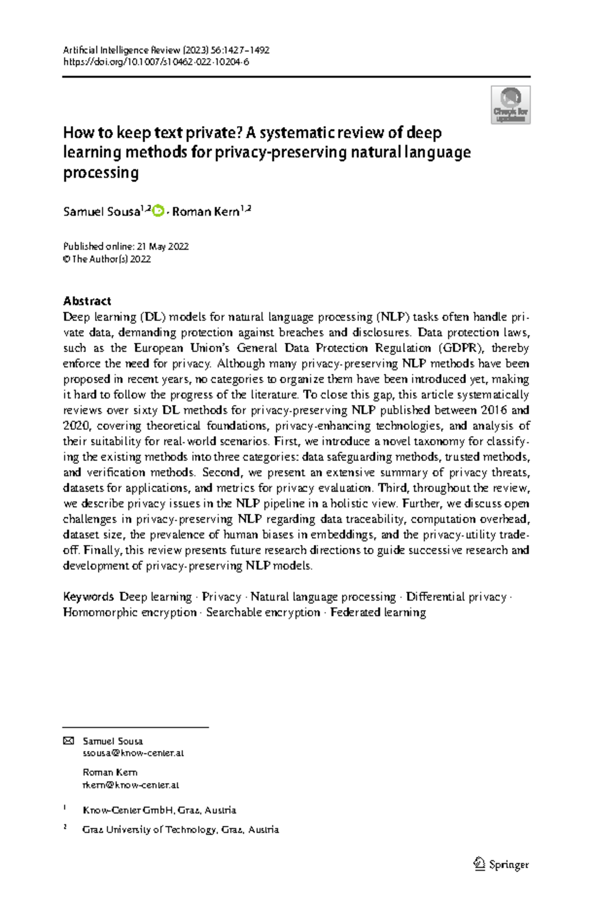 Systematic Review of Deep Learning Methods for Privacy-Preserving NLP ...