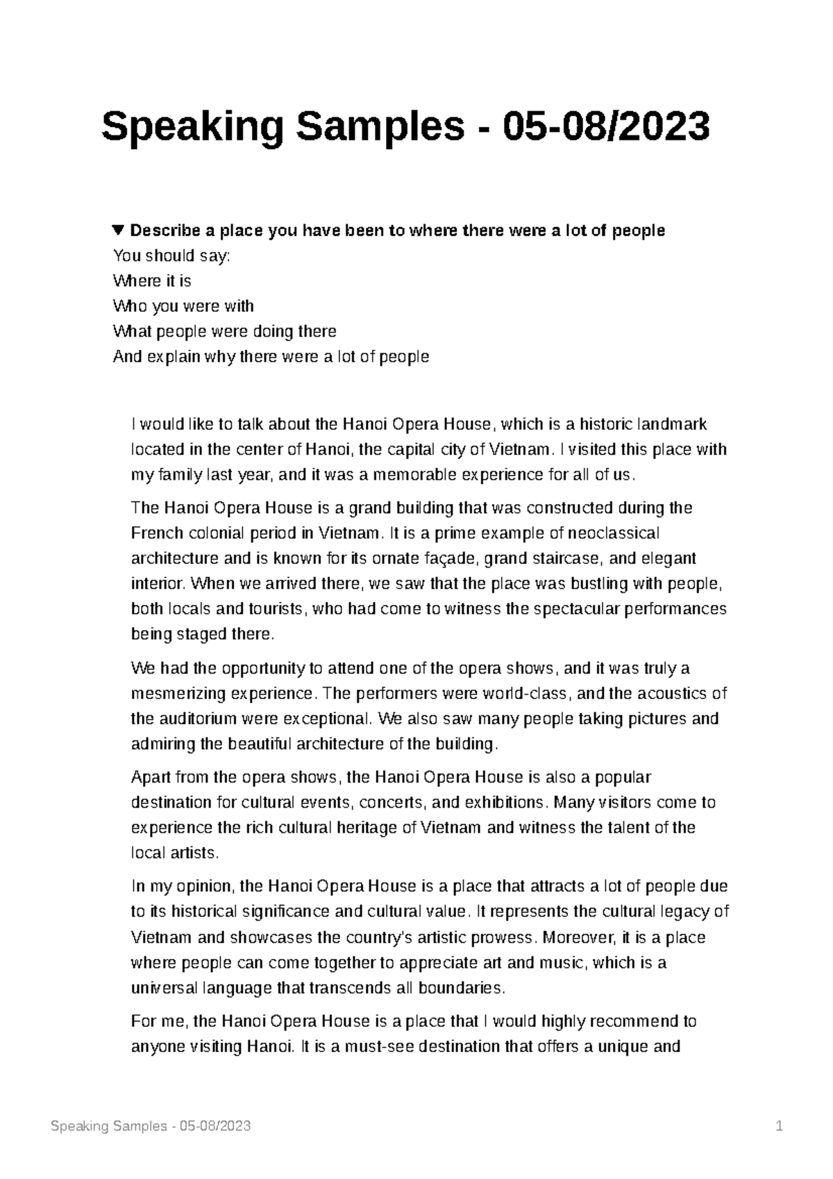 Speaking Samples - Personal Reflections and Experiences - Studocu