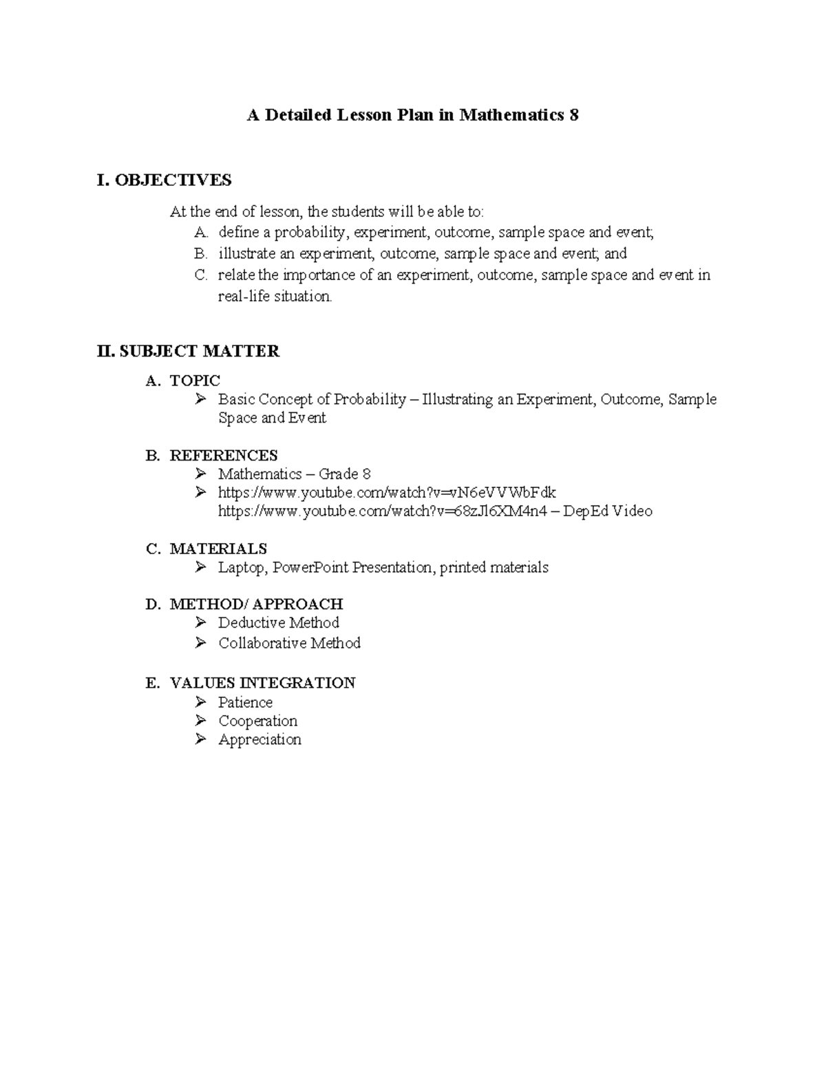 Mathematics 8: Detailed Lesson Plan on Basic Probability Concepts - Studocu