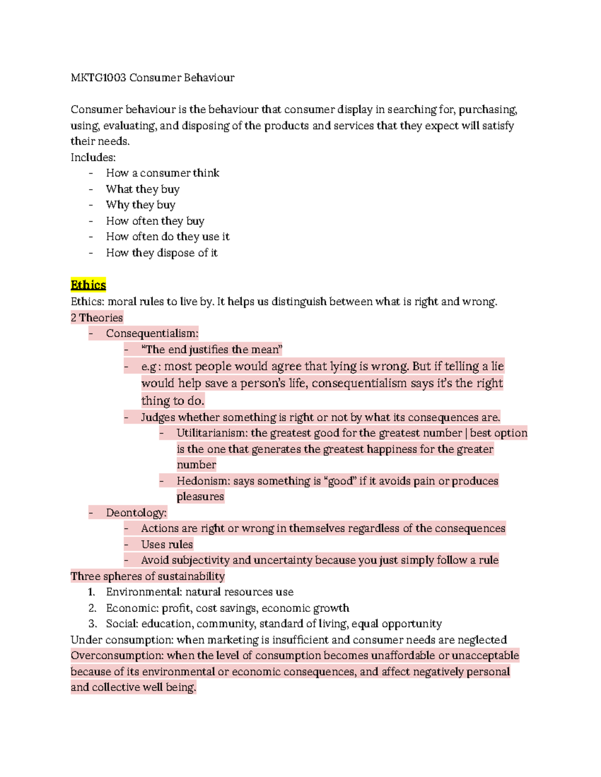 MKTG1003 Final Exam Notes on Consumer Behaviour and Ethics - Studocu