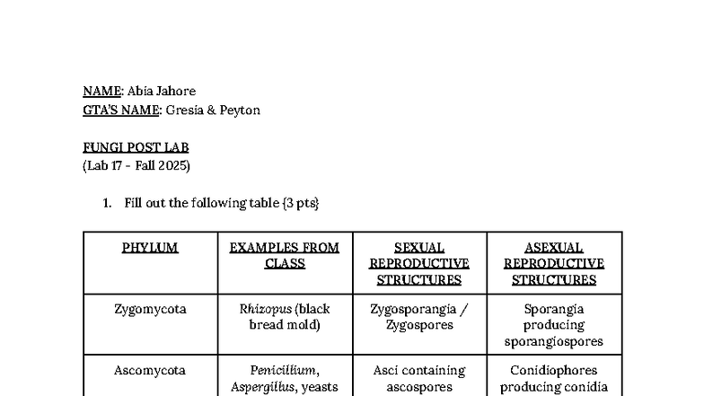Bio Post Lab 17: Fungi Overview and Reproductive Structures - Studocu