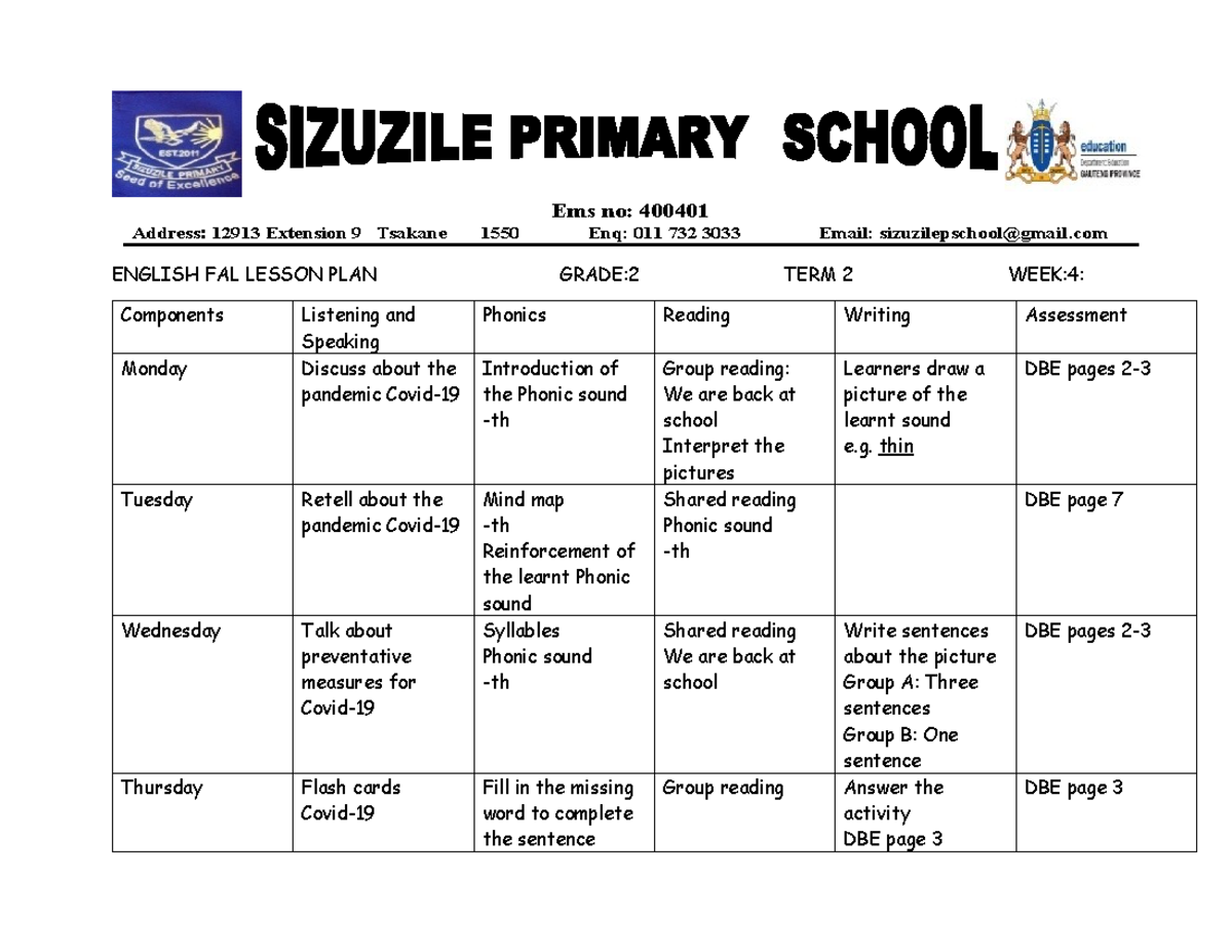 English FAL Lesson Plan: Grade 2 Term 2 - Week 4 Activities - Studocu