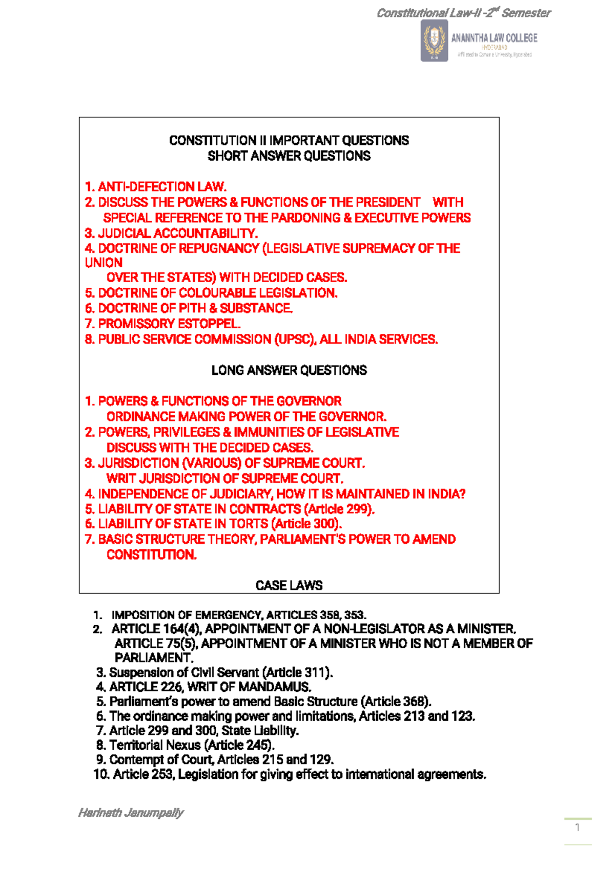 Constitutional Law II - Important Questions and Key Concepts for Exam ...