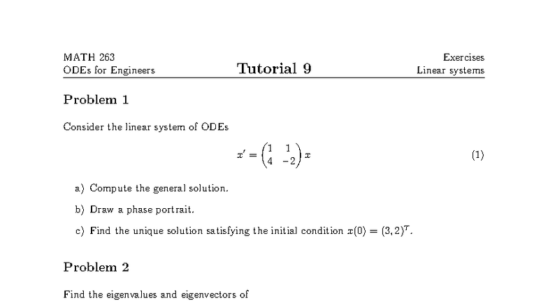 MATH 263 ODEs for Engineers Tutorial 9: Linear Systems Exercises - Studocu