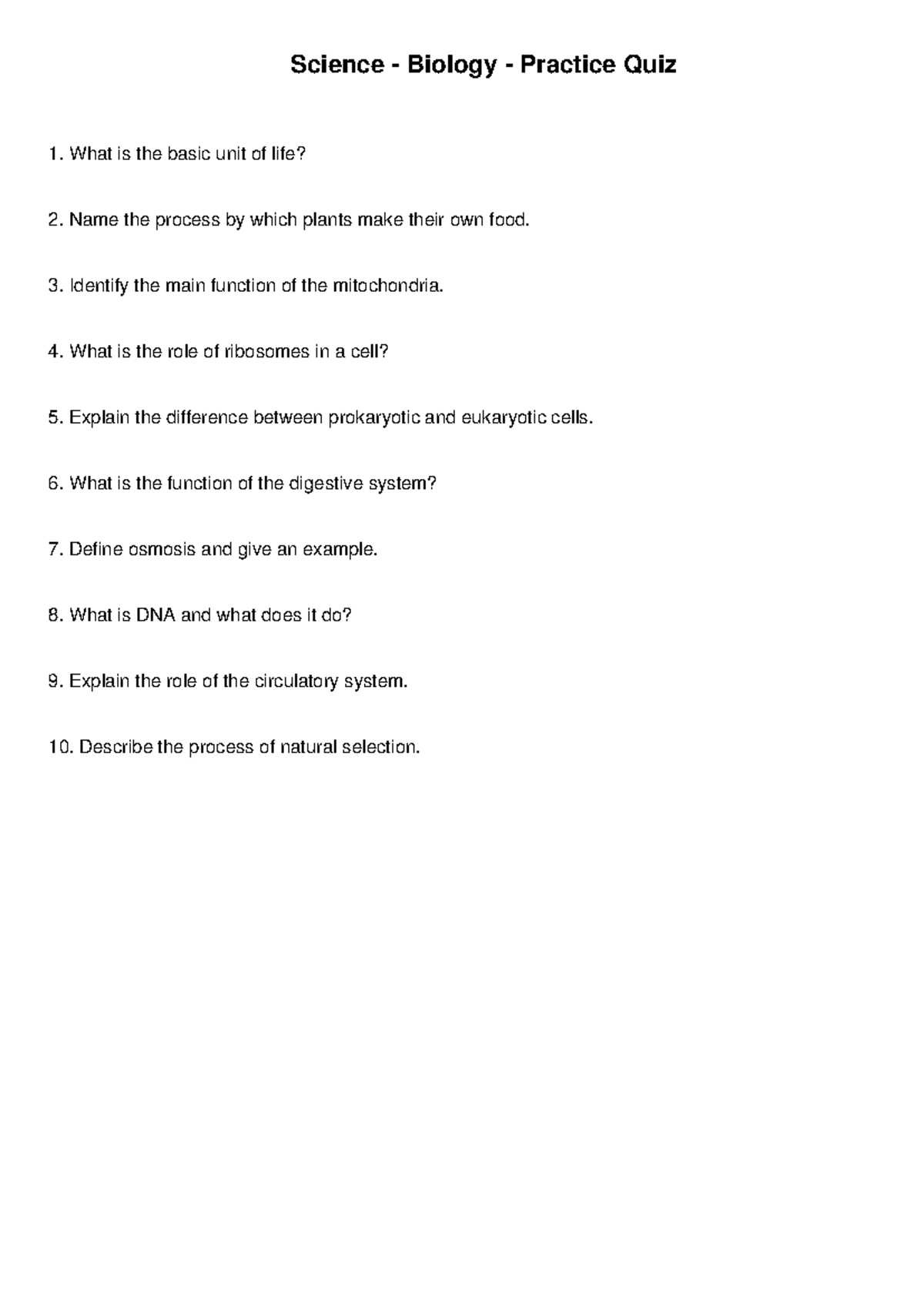 Science - Biology - biological questions - Science - Biology - Practice ...