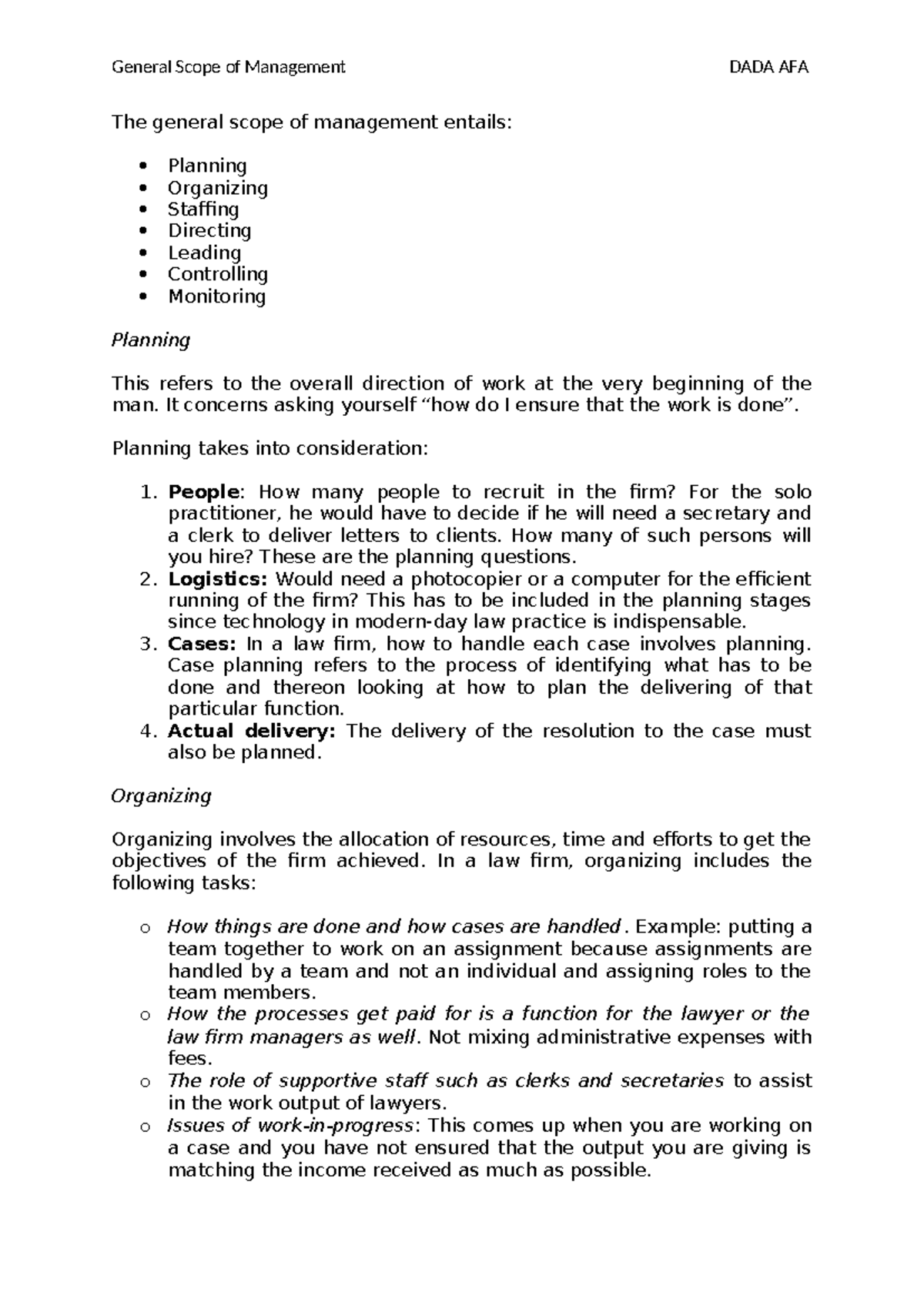 General Scope of Management DADA AFA: Key Functions Explained - Studocu