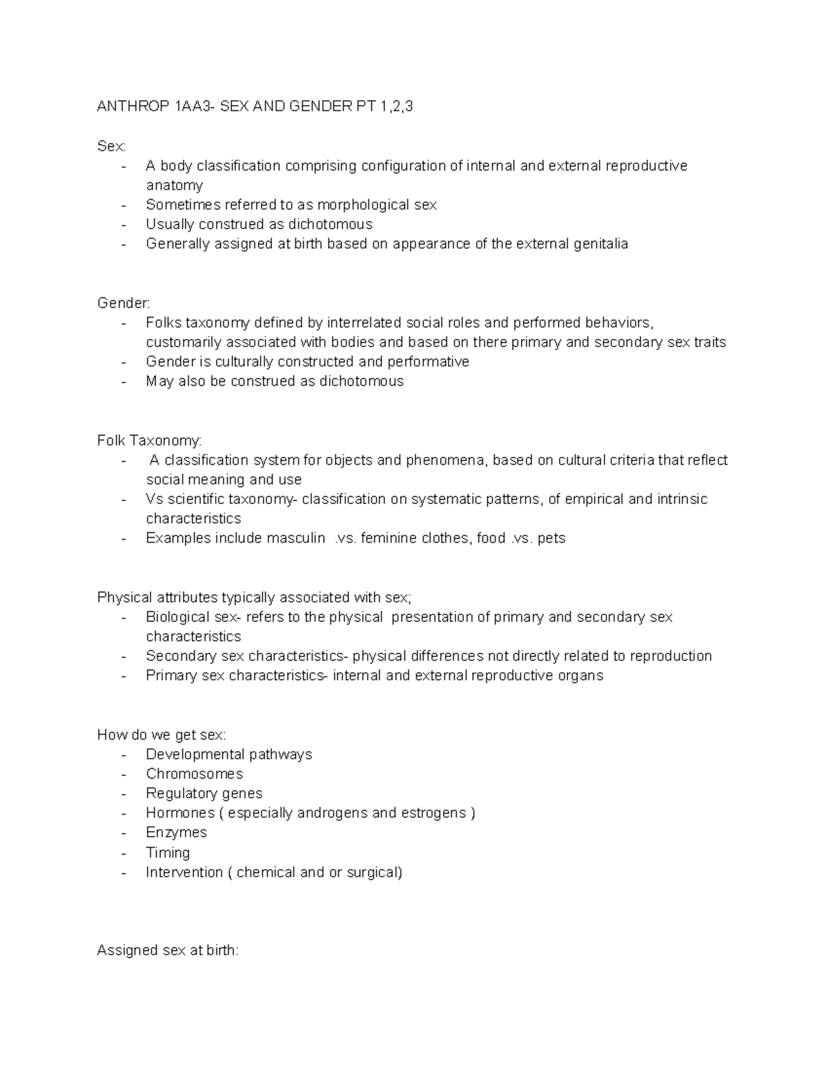 Anthrop 1AA3 - Sex and Gender: Comprehensive Overview PT 1, 2, 3 - Studocu