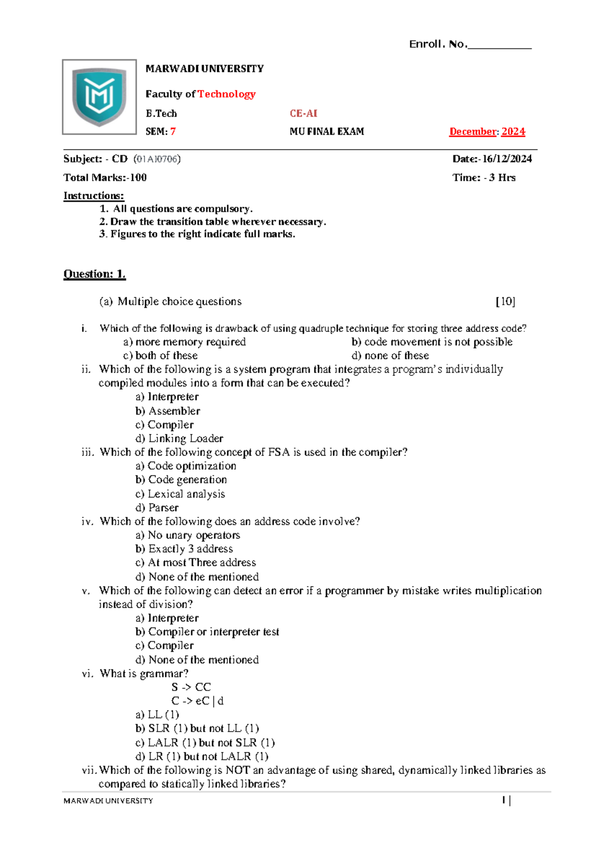 CD (01AI0706) B.Tech SEM 7 Final Exam Notes - Compiler Design - Studocu
