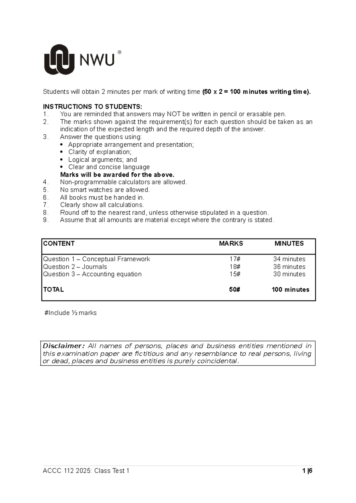 Accc 112 2025 class test 1: Writing time instructions and exam details ...