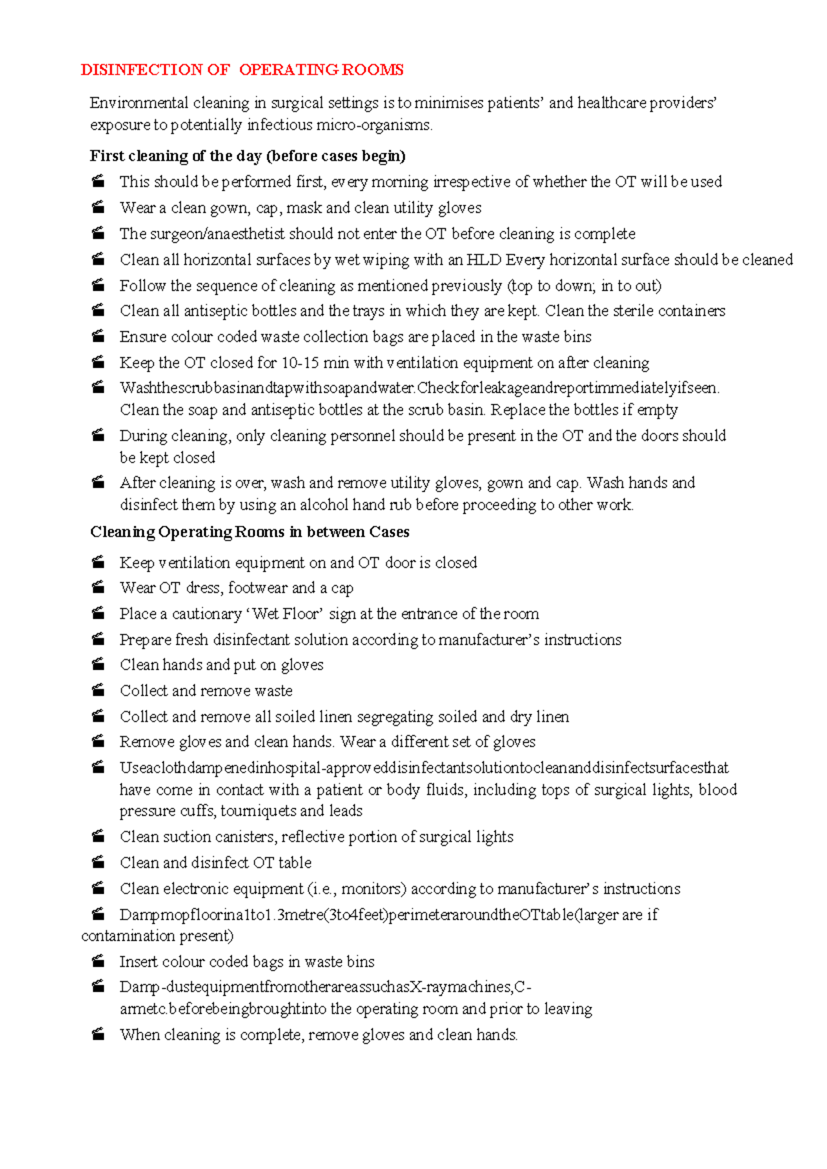 Cleaning Operating Rooms: AHS II Year Practical Guide - Studocu