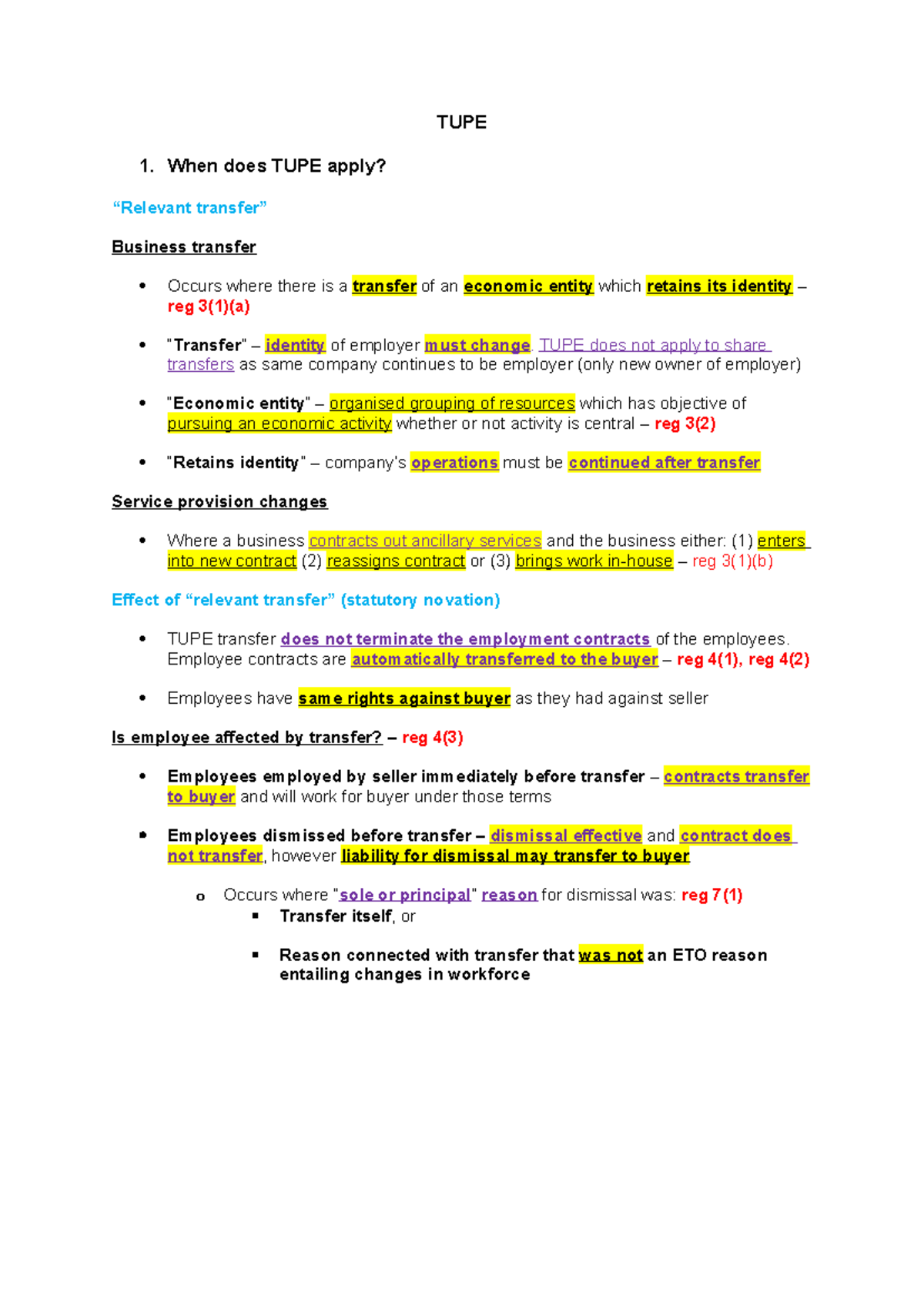 TUPE 1: Summary of When TUPE Applies and Employee Rights - Studocu