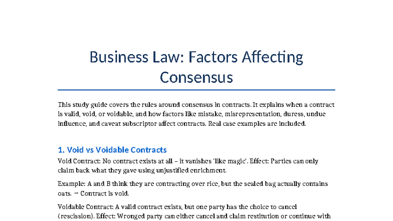 Business Law: Factors Affecting Consensus in Contracts - Studocu