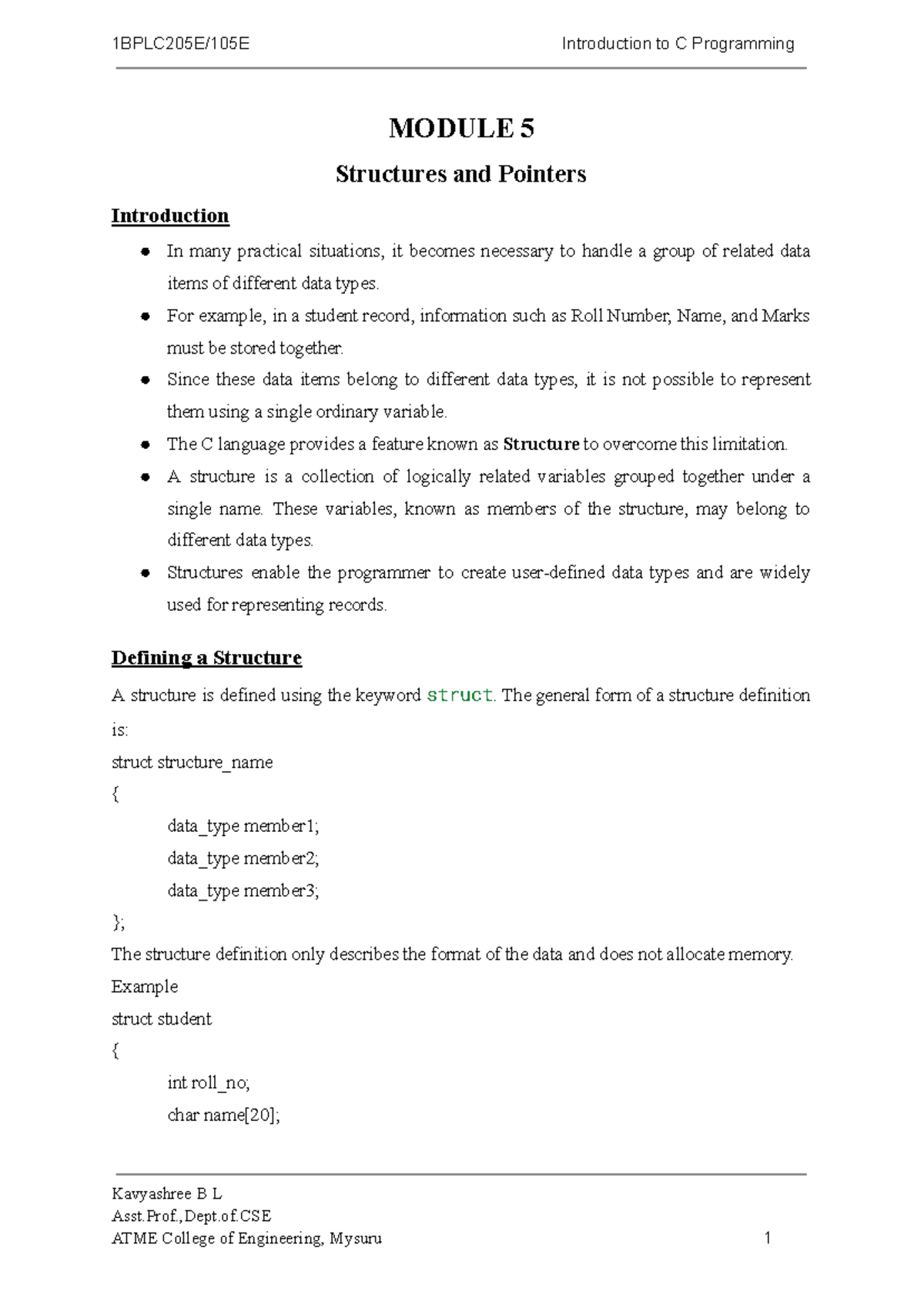 1BPLC205E Module 5: Structures and Pointers in C Programming - Studocu