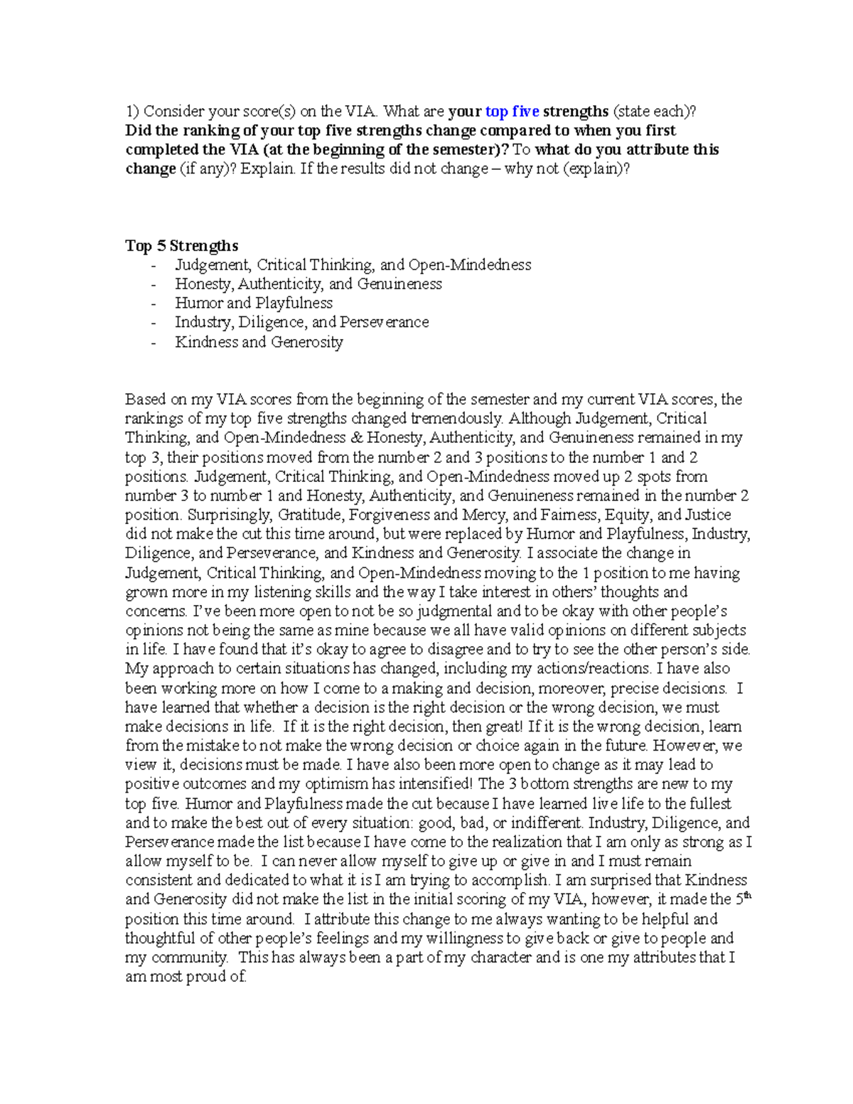 VIA Strengths Assessment Reflection - Top & Bottom Changes Report - Studocu
