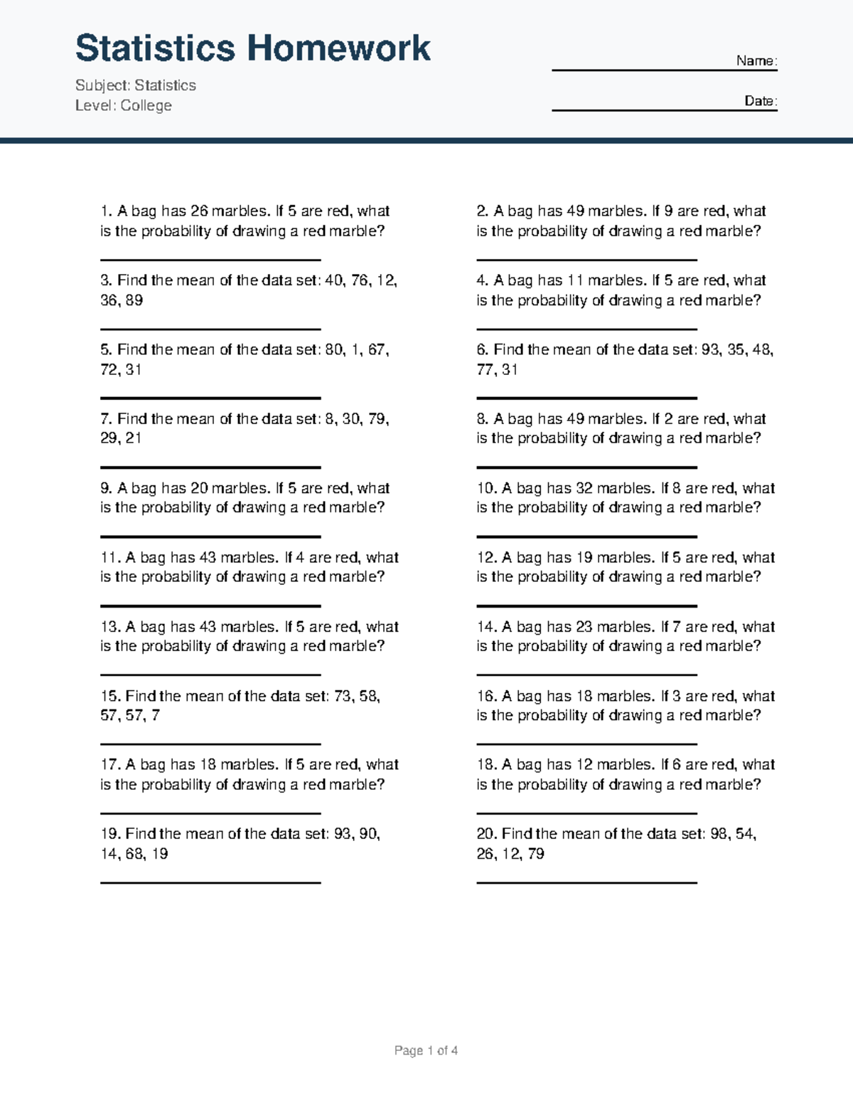 Statistics Homework 1: Probability & Mean Calculations - Studocu