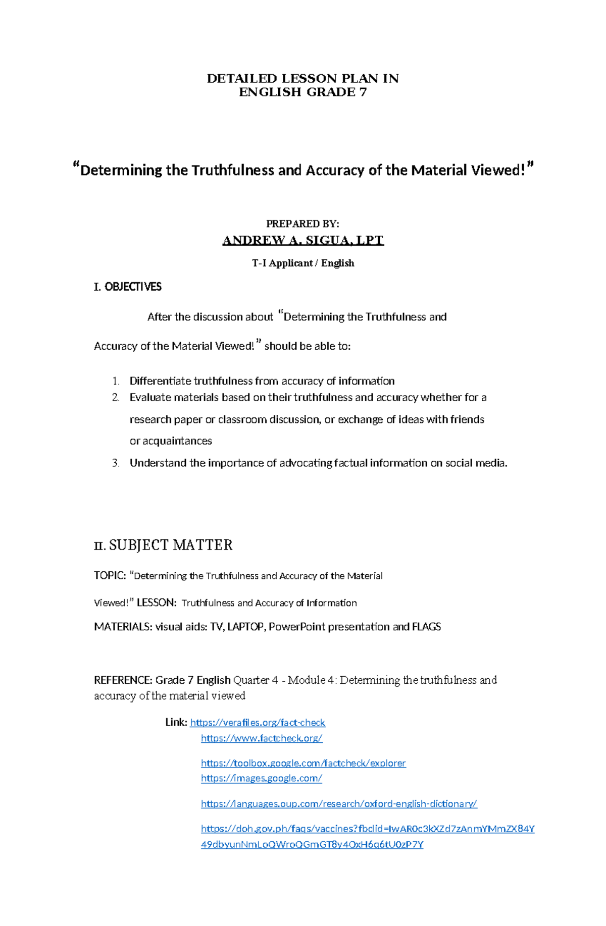 DLP- Grade 7-final - DLP ENGLISH 7 - DETAILED LESSON PLAN IN ENGLISH ...