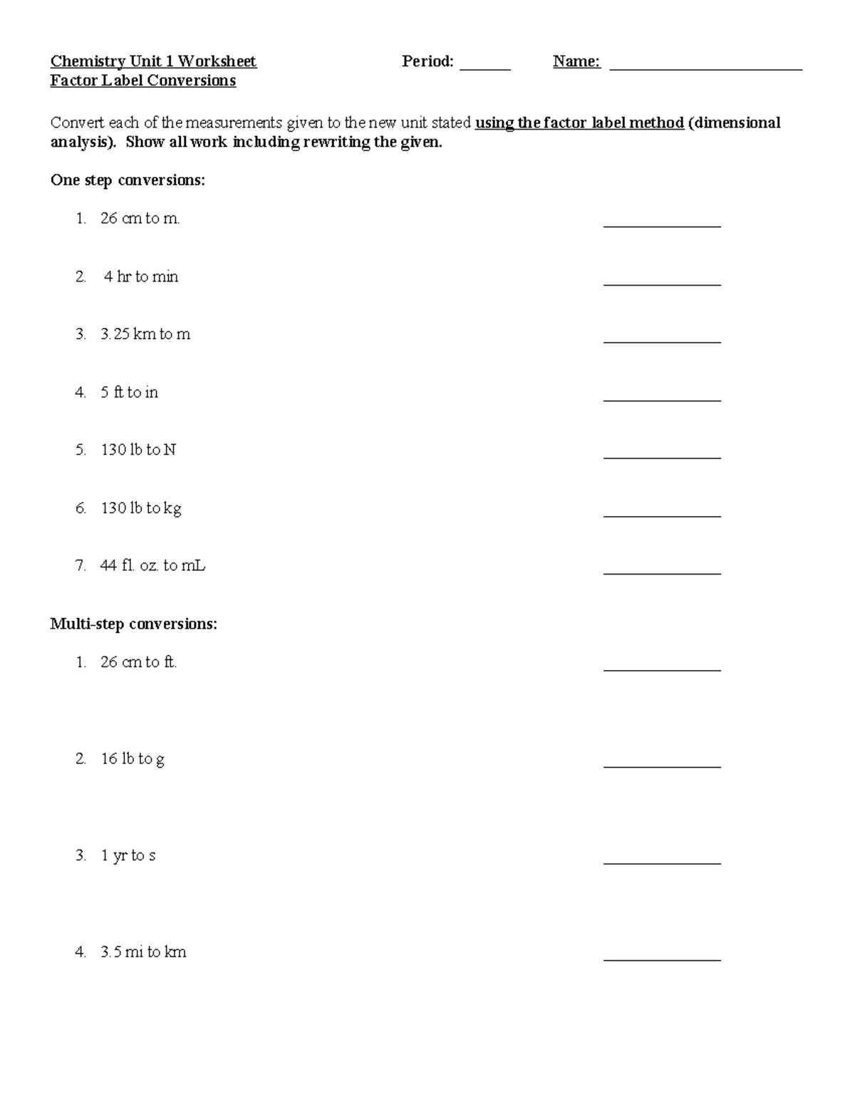 Chemistry Unit 1 Factor Label Conversions Worksheet - Studocu