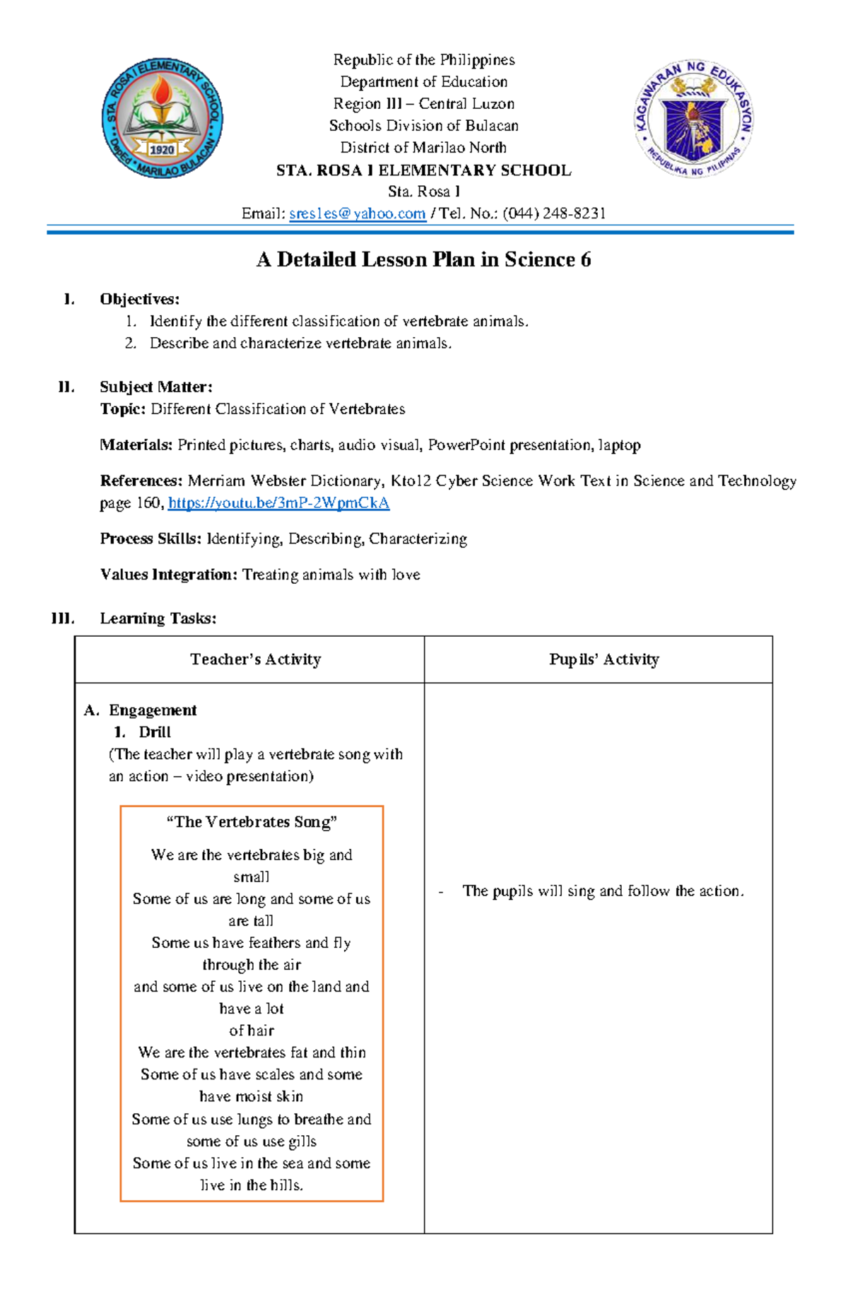 DLP Science 6: Classification of Vertebrate Animals Lesson Plan - Studocu
