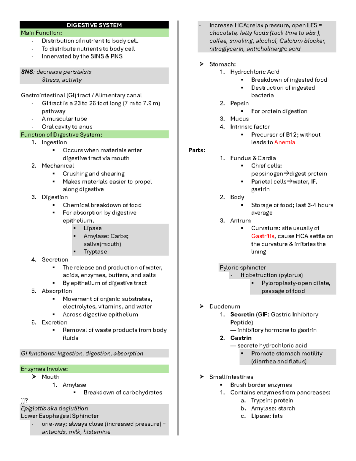 NLE Digestive System - Comprehensive Study Notes - Studocu