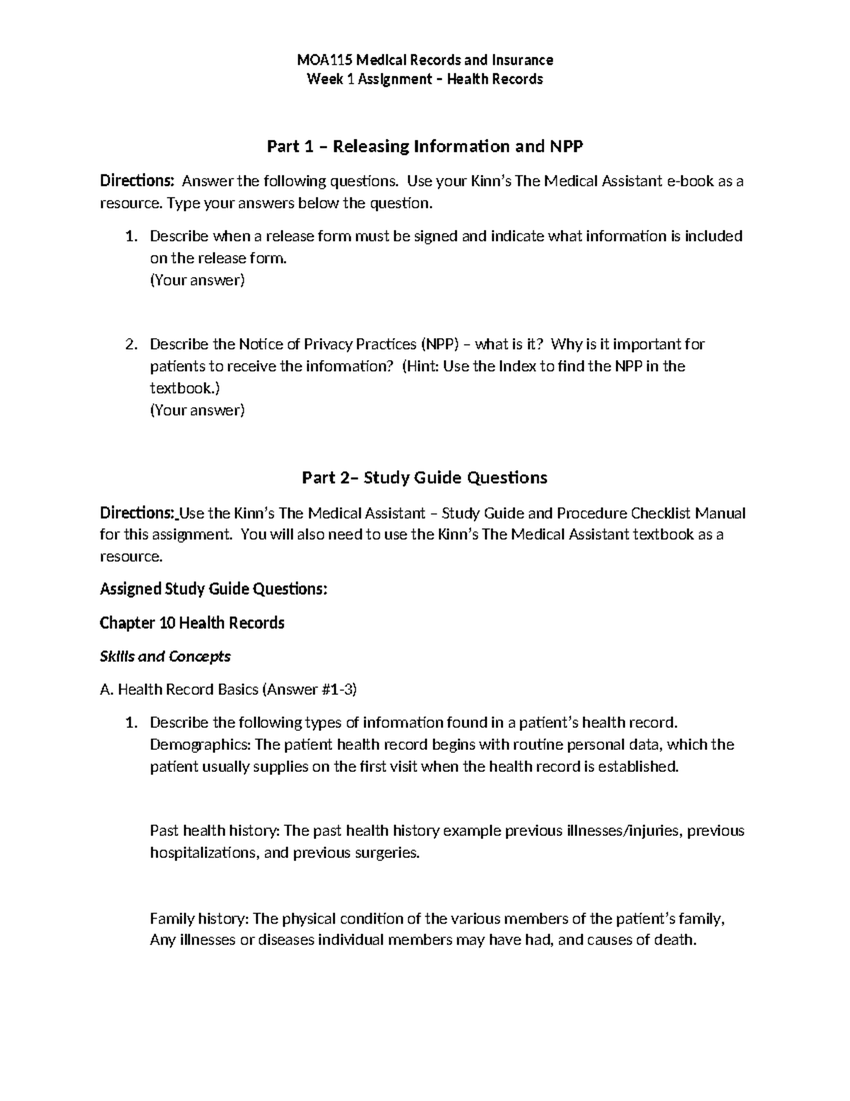 Week 1 Assignment (MOD 3) - Health Records Overview and Insights - Studocu
