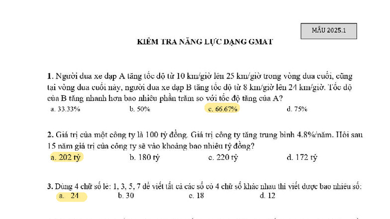 MẪU ÔN TẬP KIỂM TRA GMAT 2025 CỦA UEH - Document Preview