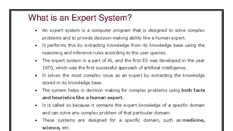 AI-UNIT-4: Understanding Expert Systems and Their Applications - Studocu