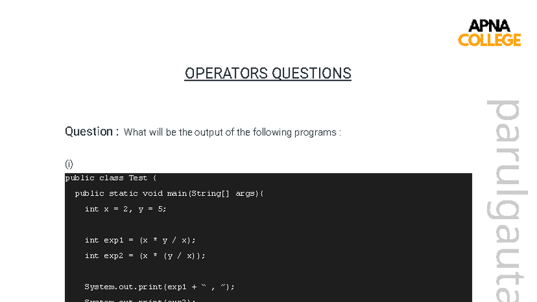 Operators Questions - Output Analysis for Java Programs - Studocu