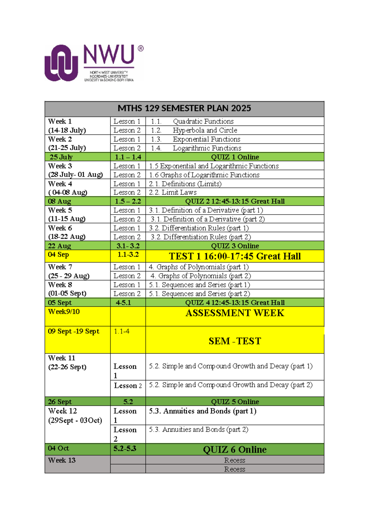 MTHS 129 Semester Plan 2025: Weekly Lessons & Quizzes Overview - Studocu